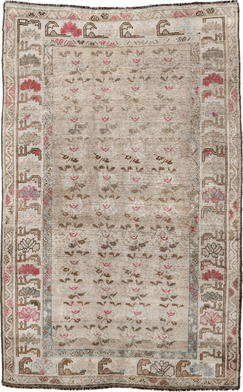 4' x 6' one-of-a-kind handmade vintage Gabbe small size rug. Color palette: red, brown, gray, off-white, pink, light gray