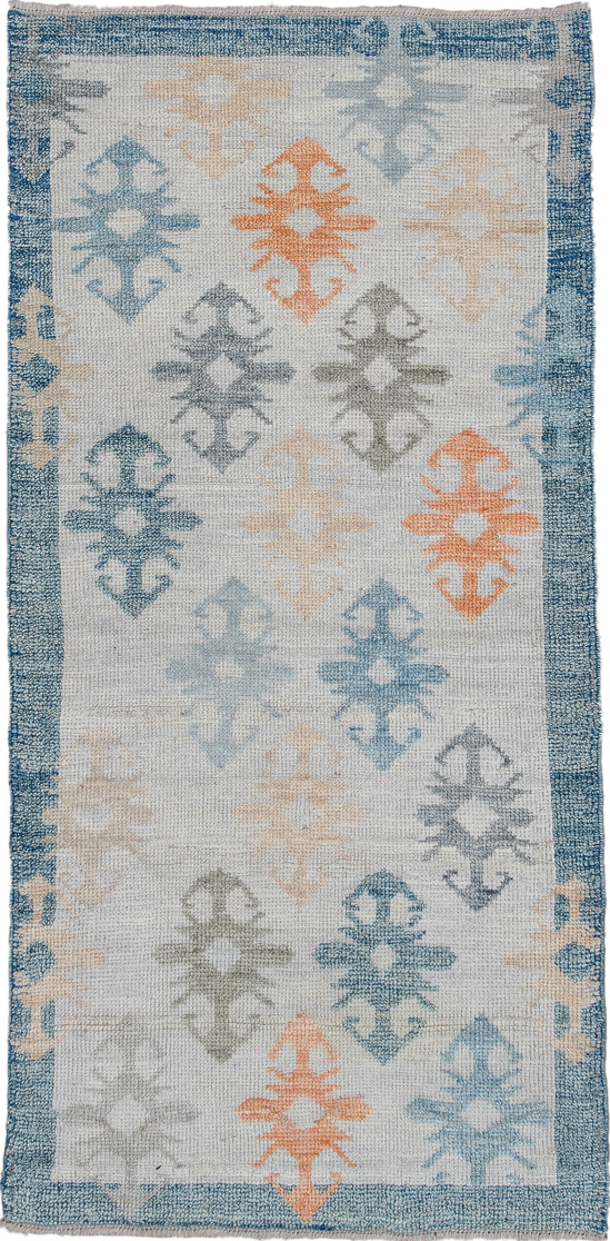 2' x 5' one-of-a-kind handmade vintage Oushak small size rug. Color palette: black, blue, brown, dark gray, gainsboro, gray