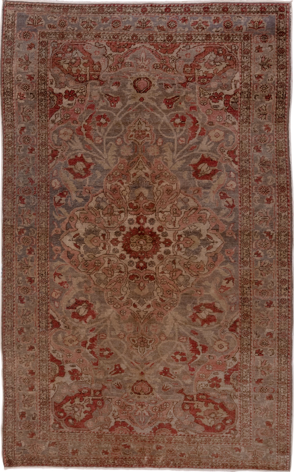 4' x 7' one-of-a-kind handmade vintage Oushak rug. Color palette: brown, gray, light gray, off-white, pink, red, snow, white