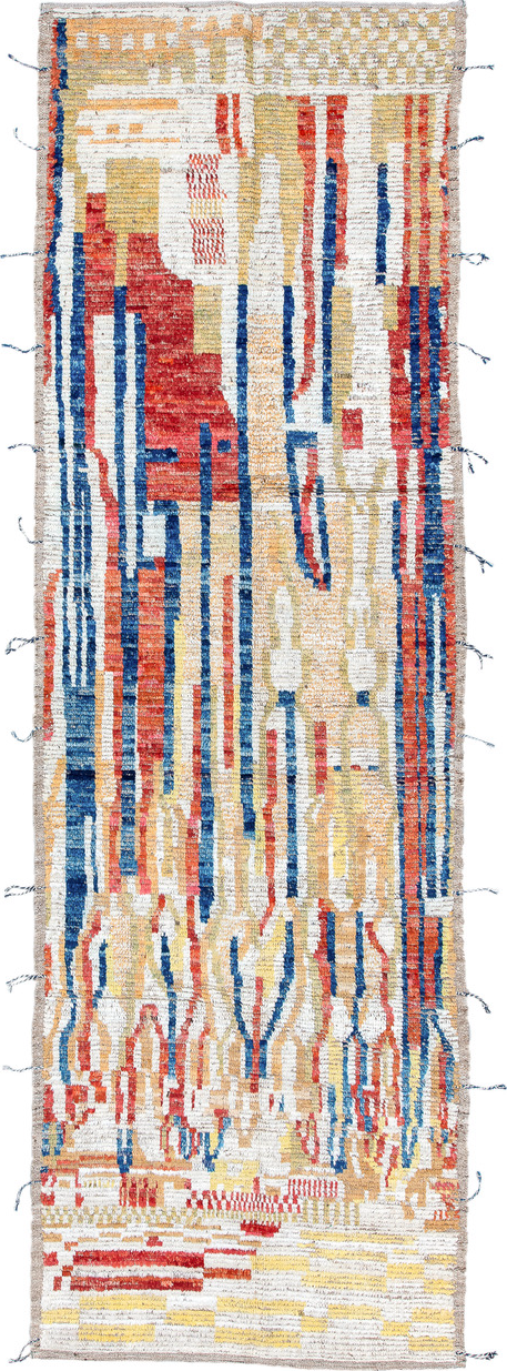 3' x 9' one-of-a-kind handmade vintage Tulu runner rug. Color palette: blue, brown, gainsboro, gray, light blue, light gray