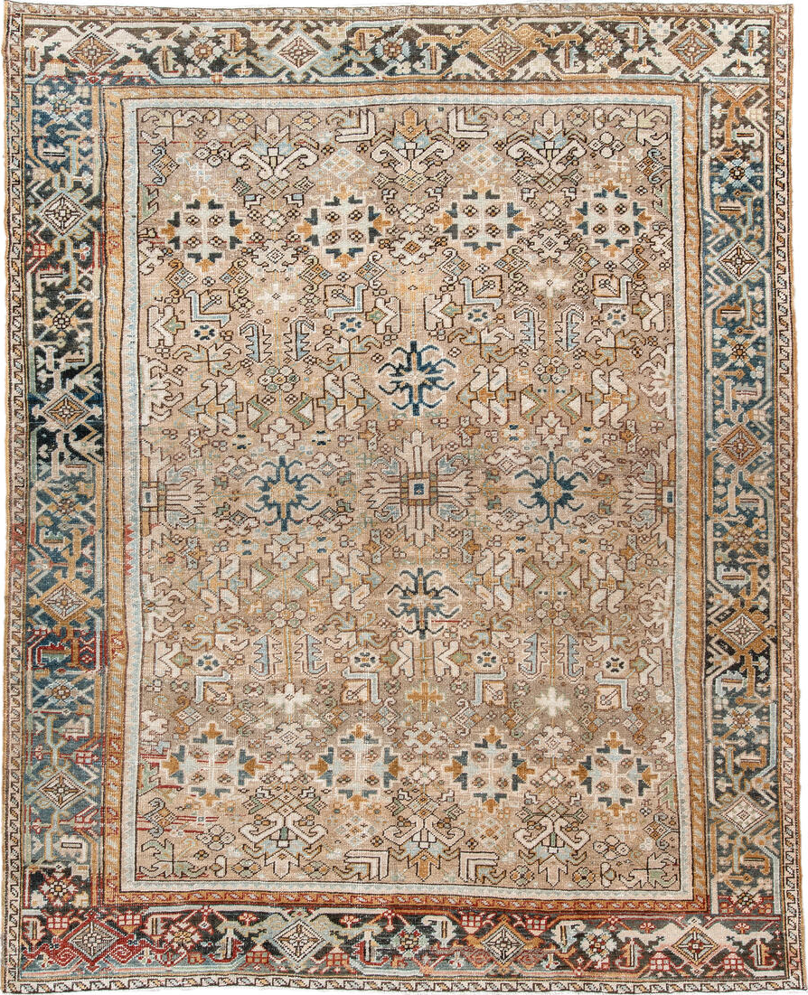 7' x 9' one-of-a-kind handmade vintage Heriz rug. Color palette: blue, brown, gainsboro, gray, light gray, off-white, orange