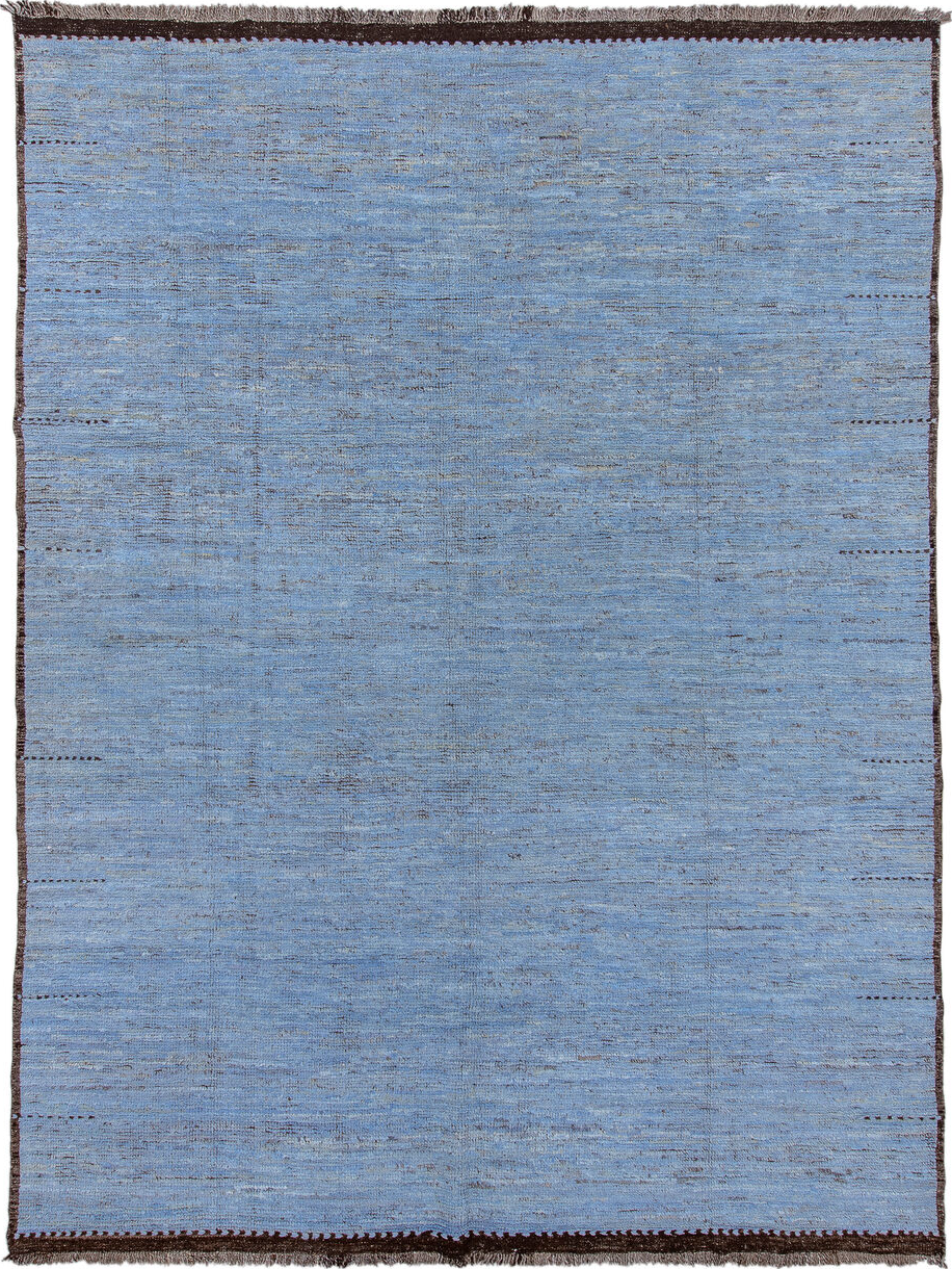 9' x 13' one-of-a-kind handmade vintage Tulu large size rug. Color palette: black, blue, brown, fiord, gray, light blue