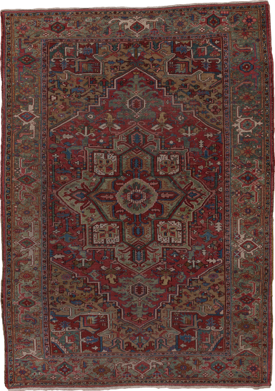 6' x 8' one-of-a-kind handmade vintage Heriz medium size rug. Color palette: blue, brown, gray, pink