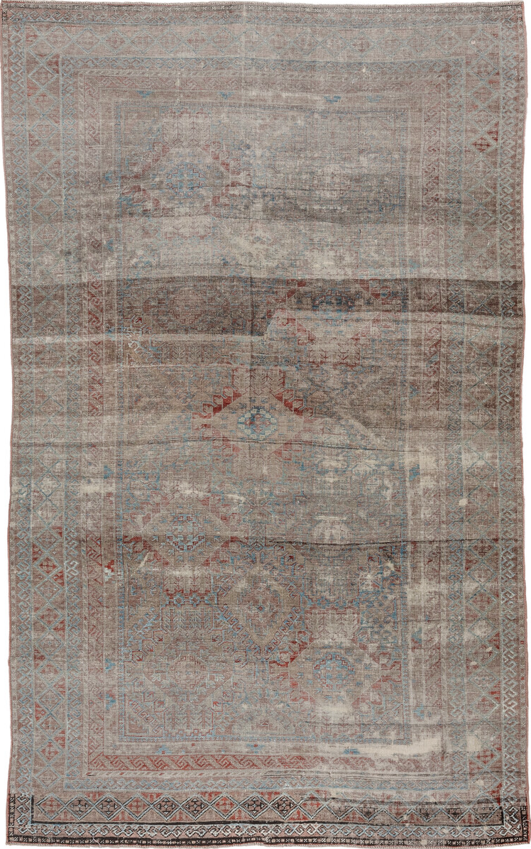 5' x 10' one-of-a-kind handmade vintage Belouch runner rug. Color palette: brown, dark gray, gray, light gray, off-white