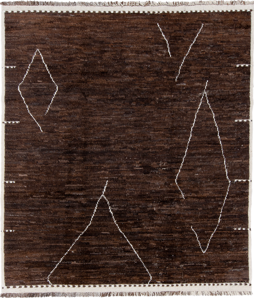 8' x 9' one-of-a-kind handmade vintage Tulu rug. Color palette: black, blue, brown, gray, light gray, off-white