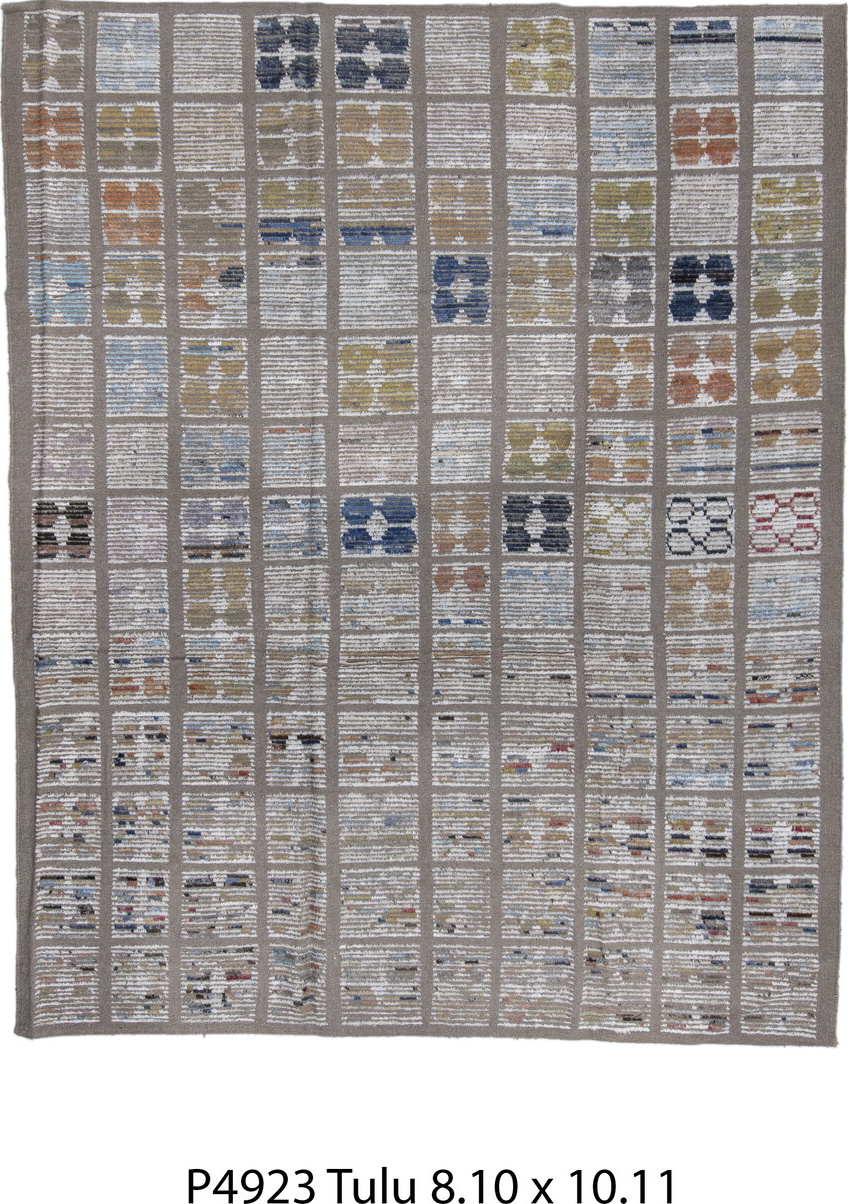 8' x 10' one-of-a-kind handmade vintage Tulu large size rug. Color palette: blue, brown, dark gray, dim gray, gainsboro