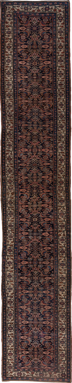 3' x 18' one-of-a-kind handmade vintage Bidjar runner rug. Color palette: black, blue, brown, charcoal, gray, off-white
