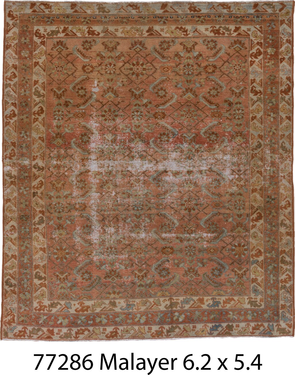 5' x 6' one-of-a-kind handmade vintage Malayer rug. Color palette: blue, brown, gray, green, light blue, light gray