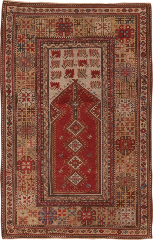 3' x 5' one-of-a-kind handmade vintage Melas small size rug. Color palette: brown, gray, light gray, off-white, pink, red