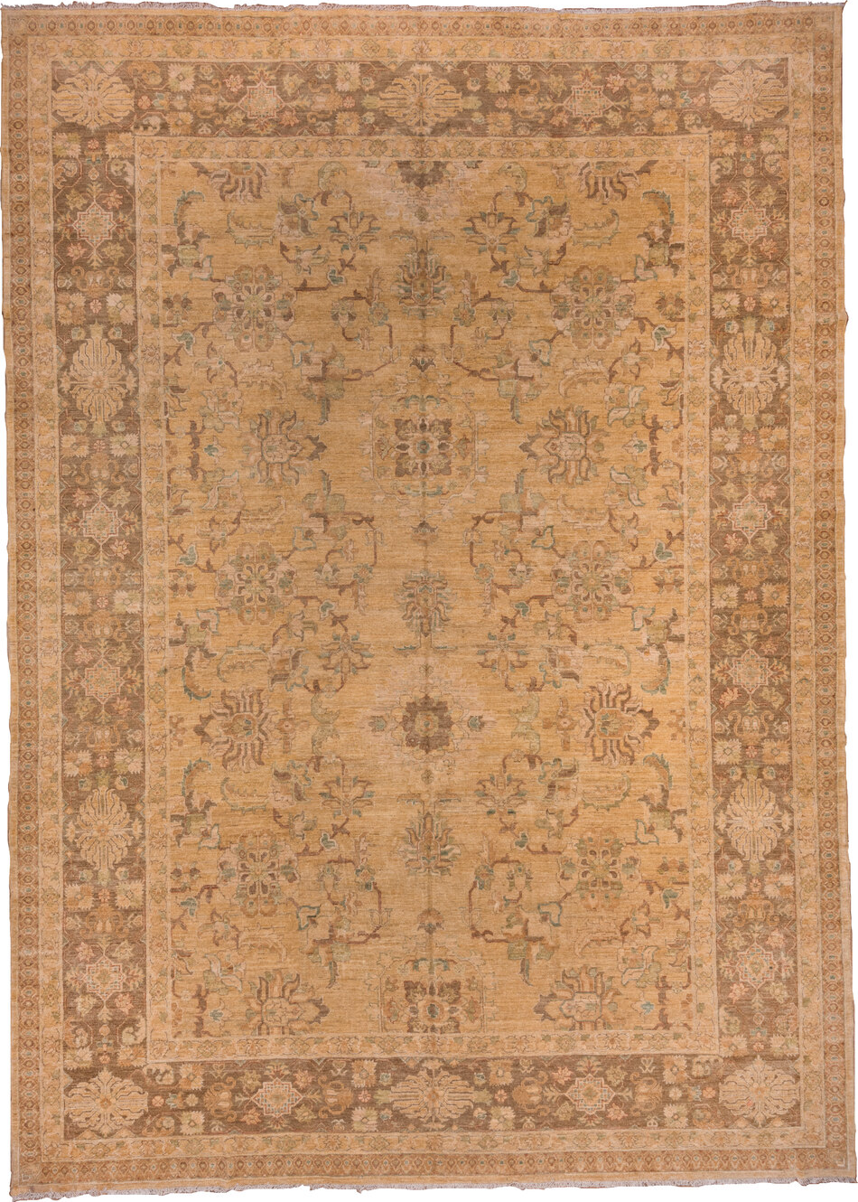 12' x 17' one-of-a-kind handmade vintage Pakistan oversize rug. Color palette: brown, gray, orange