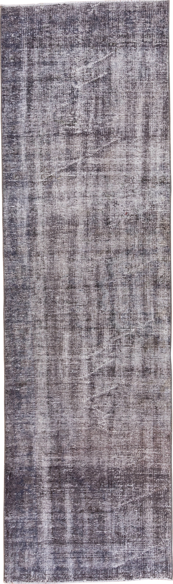 2' x 9' one-of-a-kind handmade vintage Overdyed runner rug. Color palette: black, gainsboro, gray, light gray, off-white
