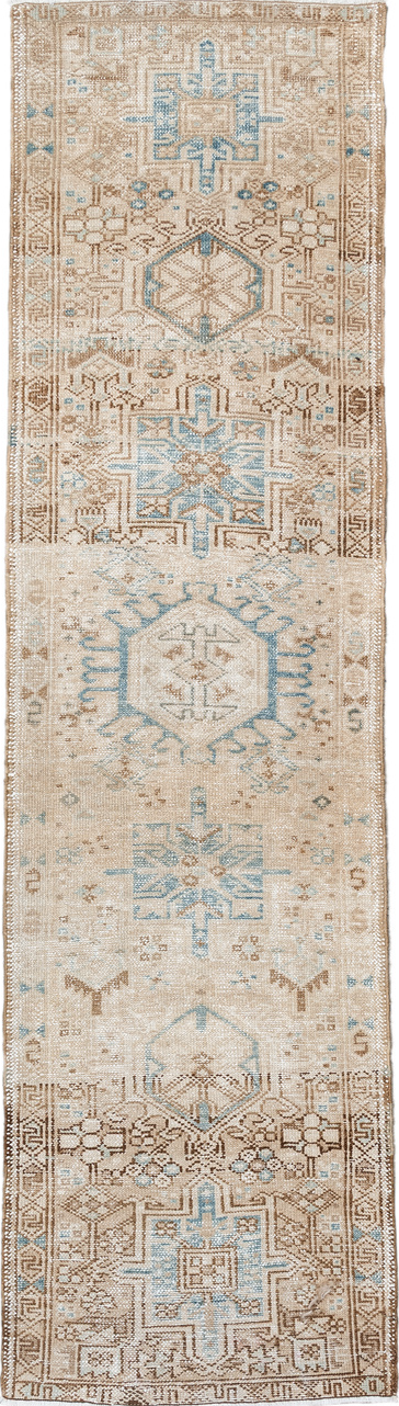 2' x 7' one-of-a-kind handmade vintage Karaje runner rug. Color palette: antiquewhite, brown, dark gray, gray, linen