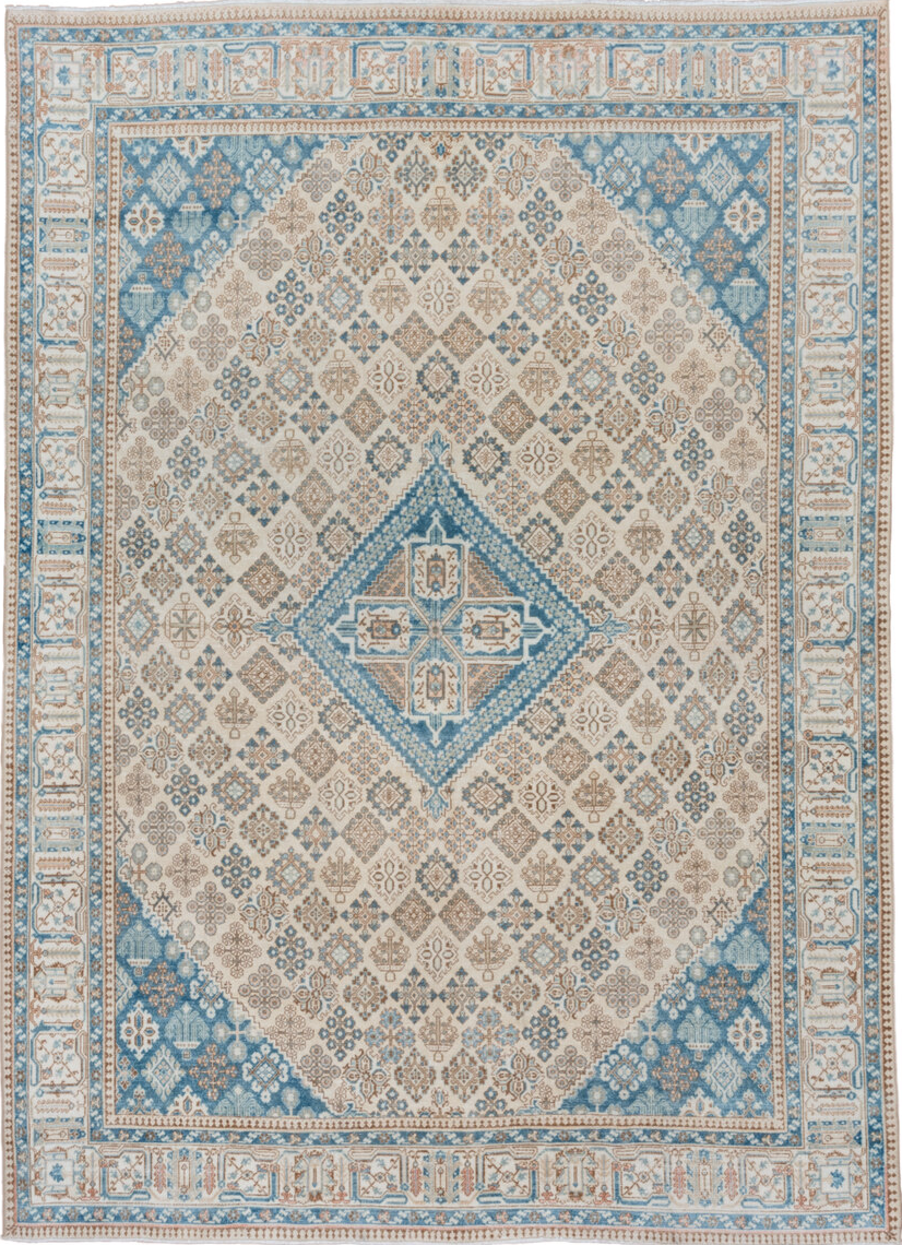 7' x 11' one-of-a-kind handmade vintage Joshegan large size rug. Color palette: blue, dark gray, dim gray, gainsboro, gray