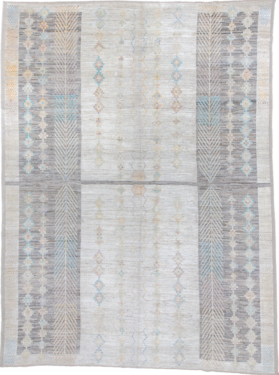 13' x 17' one-of-a-kind handmade vintage Tulu oversize rug. Color palette: blue, brown, dark gray, gainsboro, gray