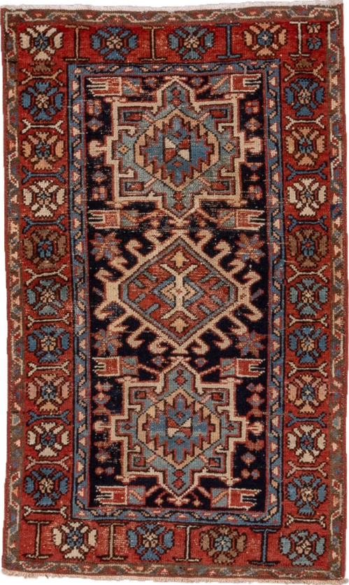 2' x 4' one-of-a-kind handmade vintage Karaje small size rug. Color palette: blue, brown, gray, pink, red
