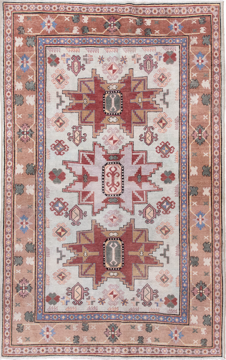 4' x 7' one-of-a-kind handmade vintage Khotan rug. Color palette: blue, brown, gray, light gray, off-white, orange, pink
