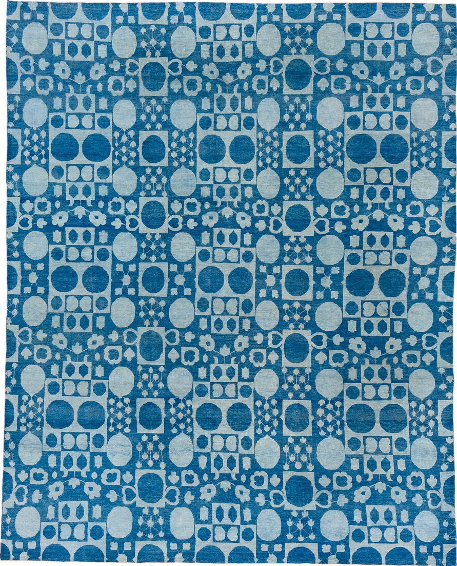 8' x 9' one-of-a-kind handmade vintage Modern rug. Color palette: blue, gray, light blue, light gray, off-white, steel blue