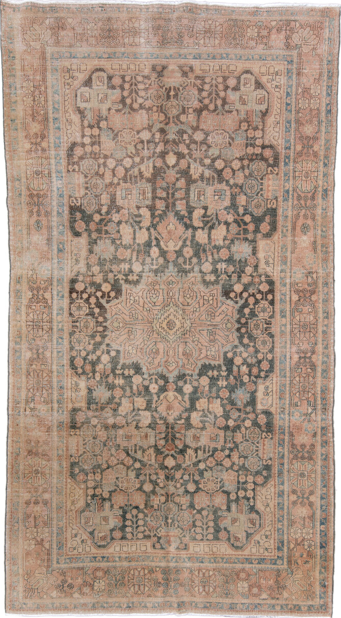 5' x 10' one-of-a-kind handmade vintage Malayer medium size rug. Color palette: brown, dim gray, gray, light gray, off-white