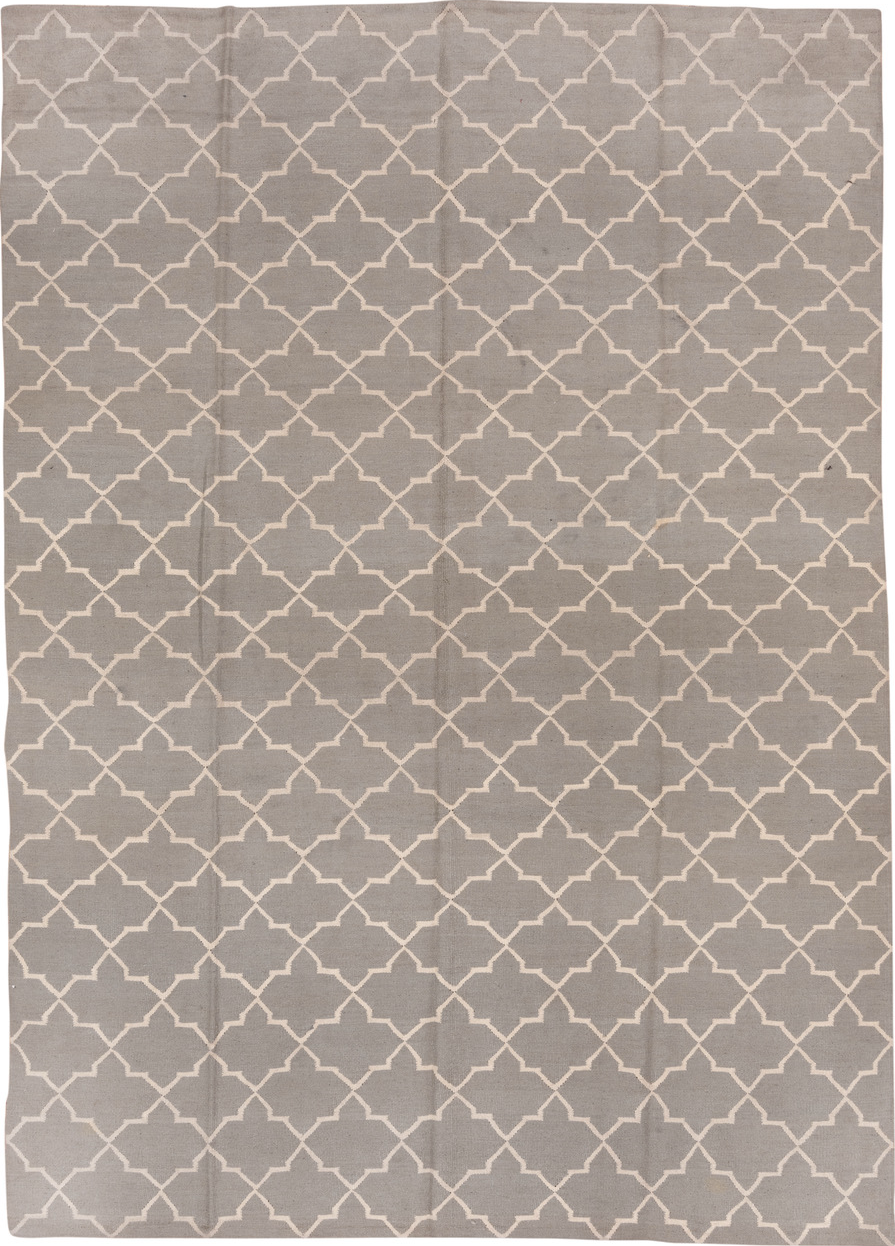 9' x 13' one-of-a-kind handmade vintage Kilim large size rug. Color palette: dark gray, gray, light gray, off-white, pink