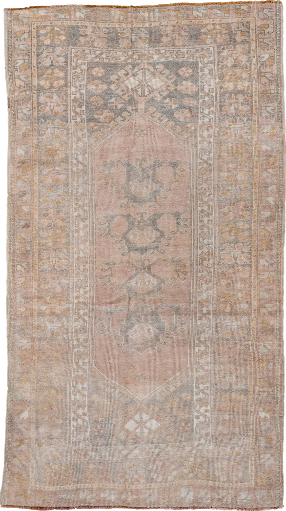 3' x 5' one-of-a-kind handmade vintage Oushak small size rug. Color palette: brown, gray, light gray, off-white, orange