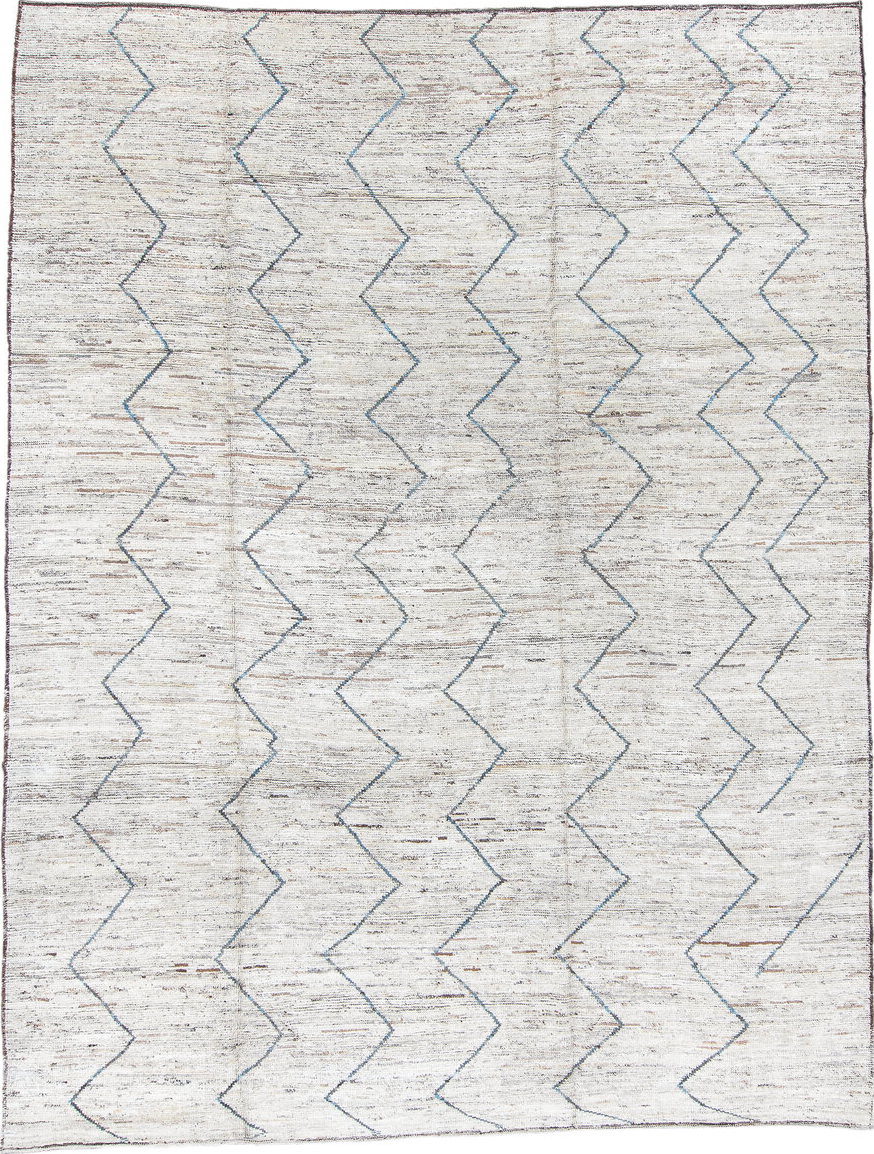 9' x 12' one-of-a-kind handmade vintage Tulu large size rug. Color palette: black, blue, dark gray, gainsboro, gray