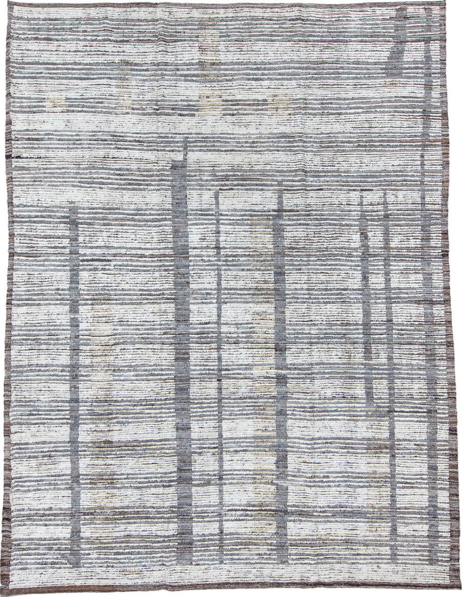 9' x 12' one-of-a-kind handmade vintage Tulu large size rug. Color palette: black, blue, dim gray, gainsboro, gray