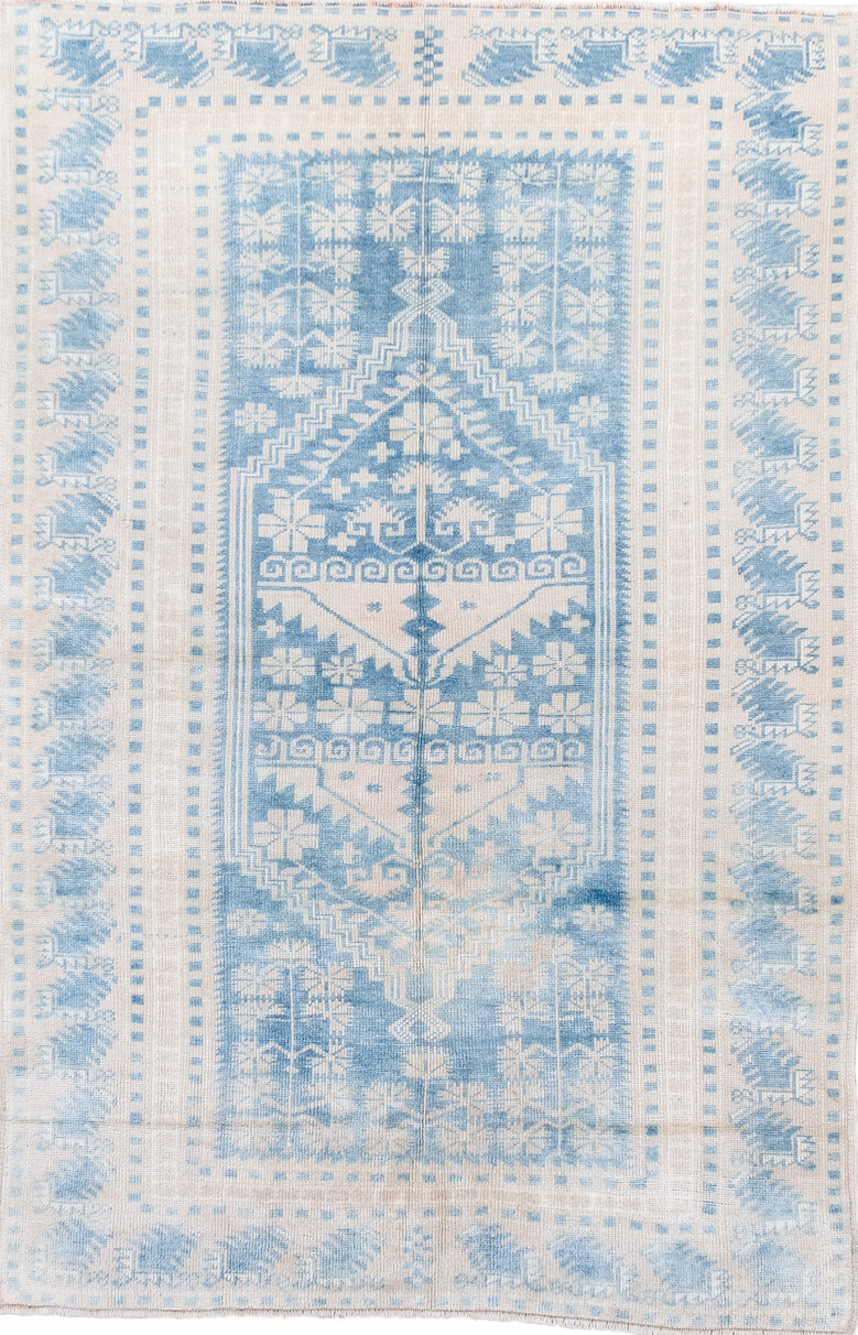 3' x 5' one-of-a-kind handmade vintage Anatol small size rug. Color palette: dark gray, gainsboro, gray, light blue