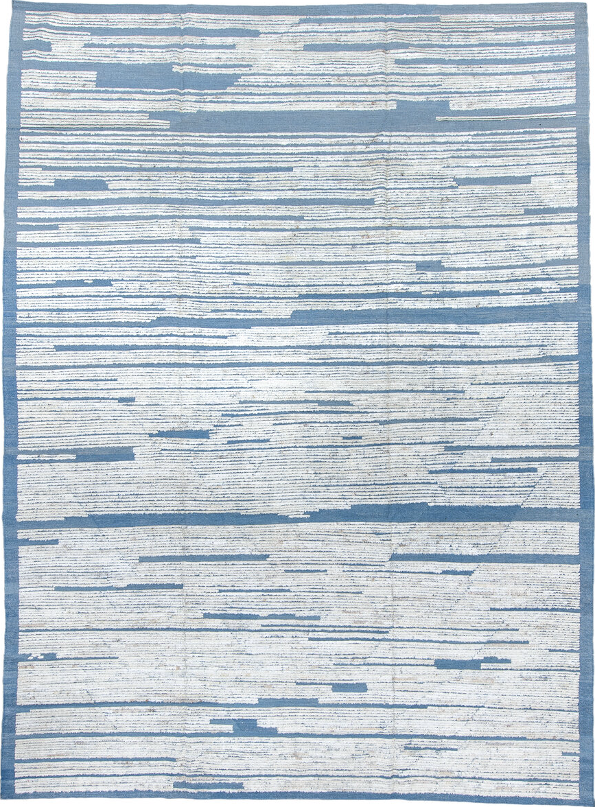 9' x 12' one-of-a-kind handmade vintage Tulu large size rug. Color palette: black, blue, dark gray, gainsboro, gray