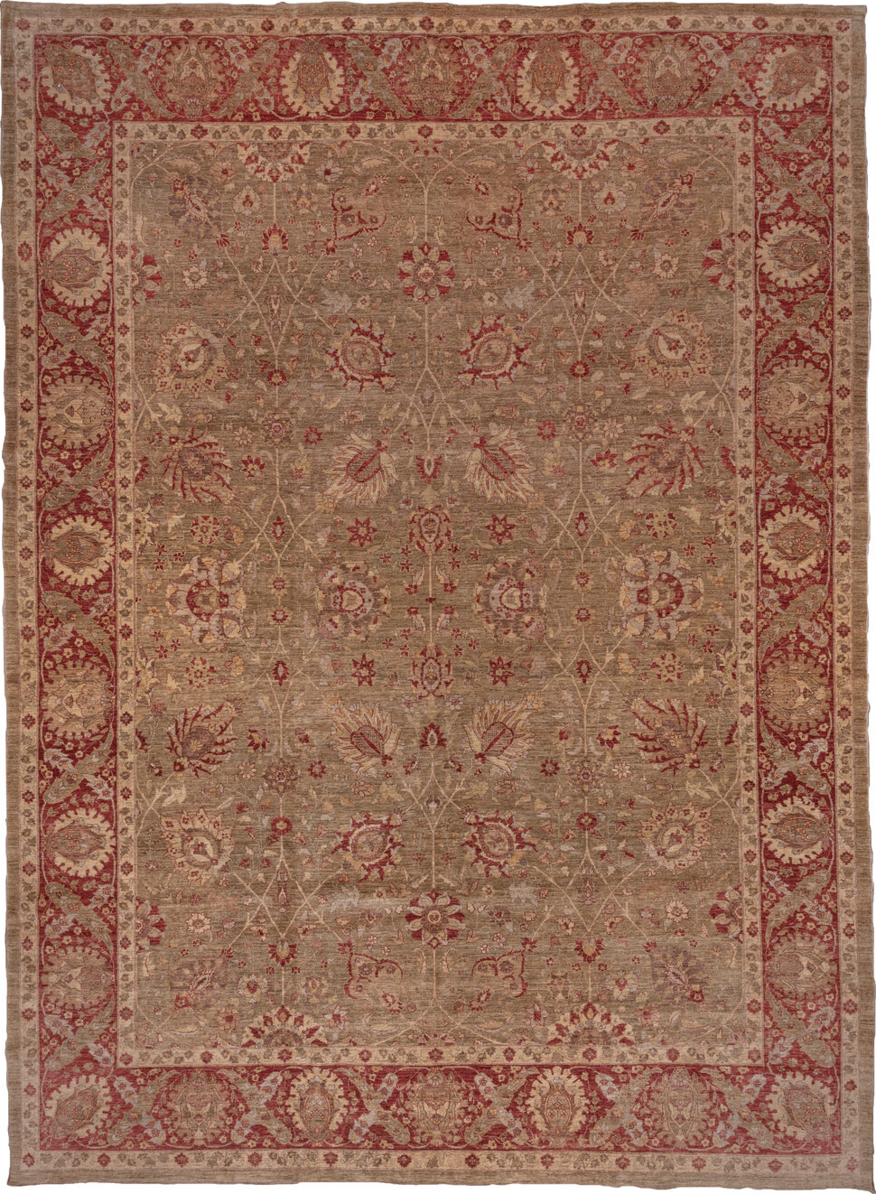 12' x 17' one-of-a-kind handmade vintage Sultanabad oversize rug. Color palette: brown, red, pink, gray