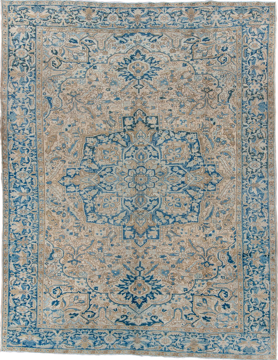 9' x 12' one-of-a-kind handmade vintage Heriz large size rug. Color palette: off-white, gray, light gray, blue, brown