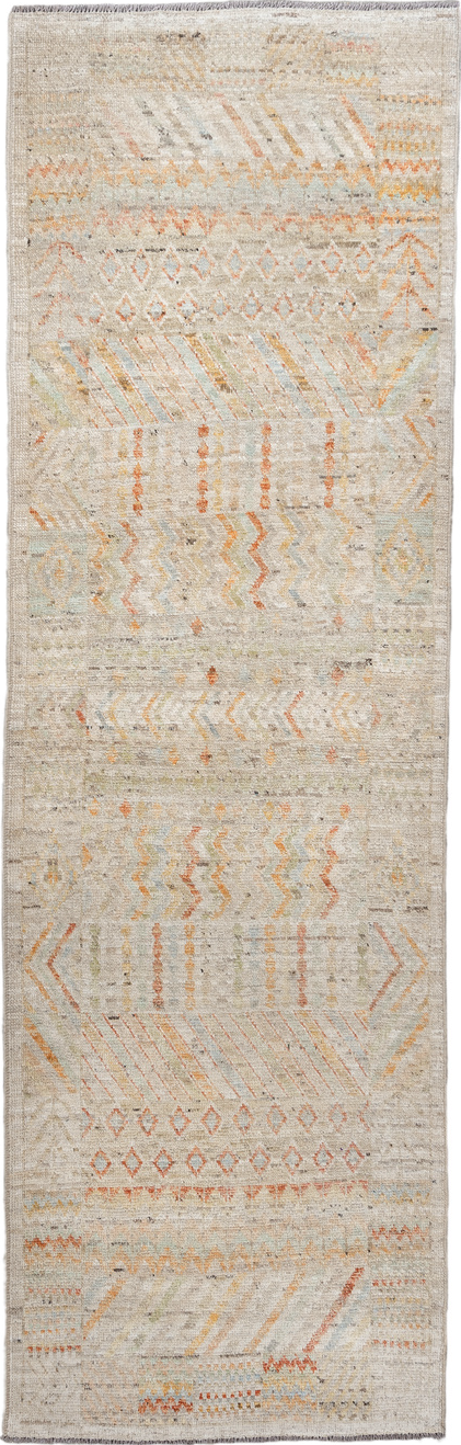 3' x 9' one-of-a-kind handmade vintage Kilim runner rug. Color palette: brown, burlywood, dim gray, gray, light gray