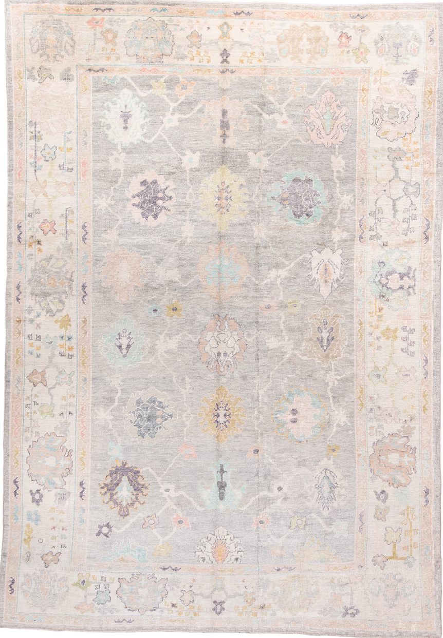 9' x 14' one-of-a-kind handmade vintage Oushak large size rug. Color palette: brown, burlywood, dark gray, gainsboro, gray