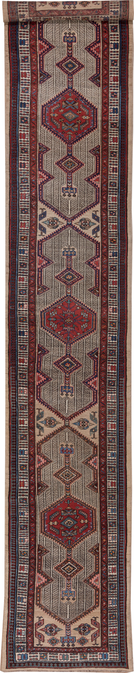 3' x 17' one-of-a-kind handmade vintage Sarab runner rug. Color palette: blue, brown, gray, light gray, pink, red, redwood