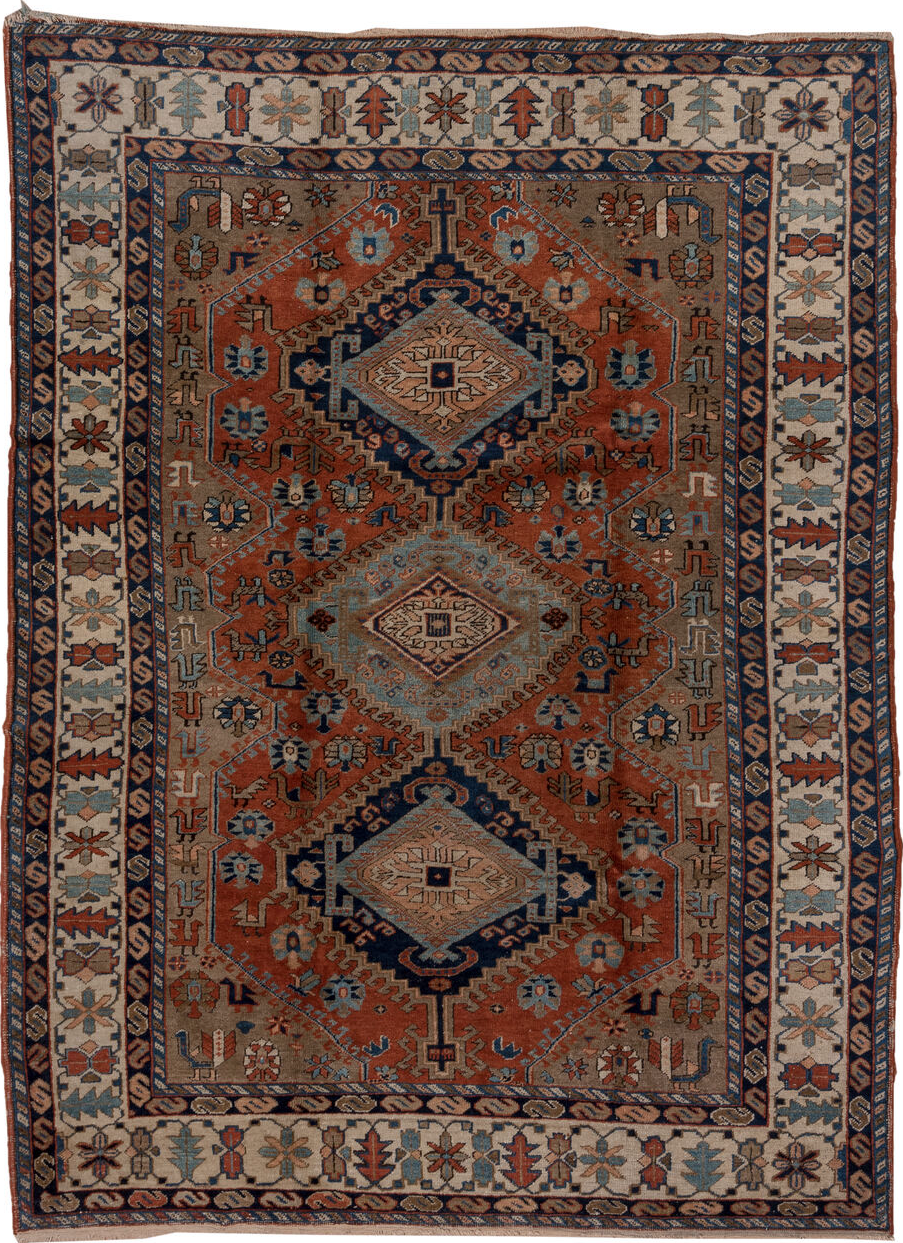 7' x 9' one-of-a-kind handmade vintage Heriz rug. Color palette: blue, brown, dim gray, gray, light gray, off-white, pink