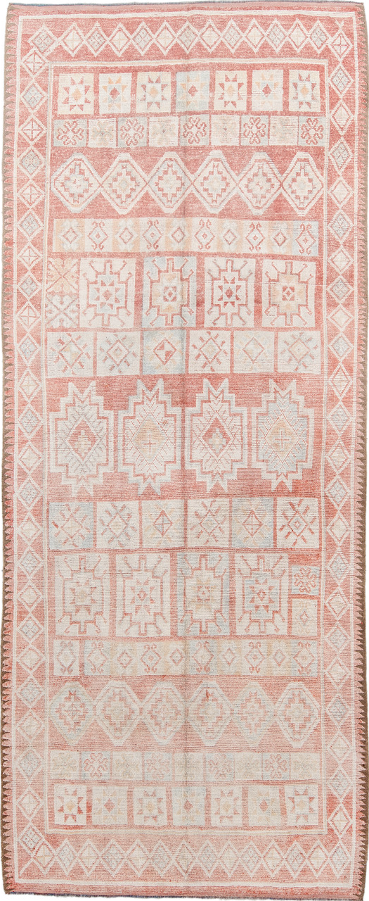 4' x 11' one-of-a-kind handmade vintage Moroccan runner rug. Color palette: antiquewhite, brown, gainsboro, gray, light gray