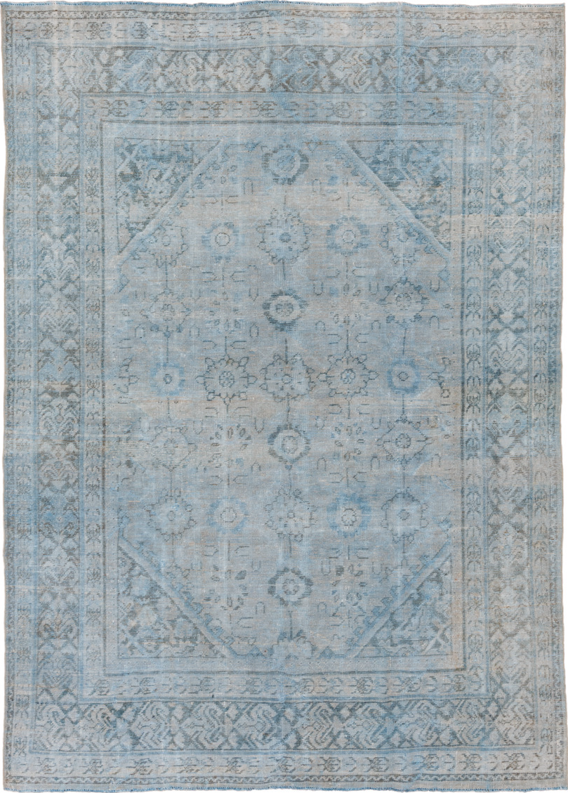 7' x 10' one-of-a-kind handmade vintage Mahal large size rug. Color palette: dark gray, dim gray, gray, light blue
