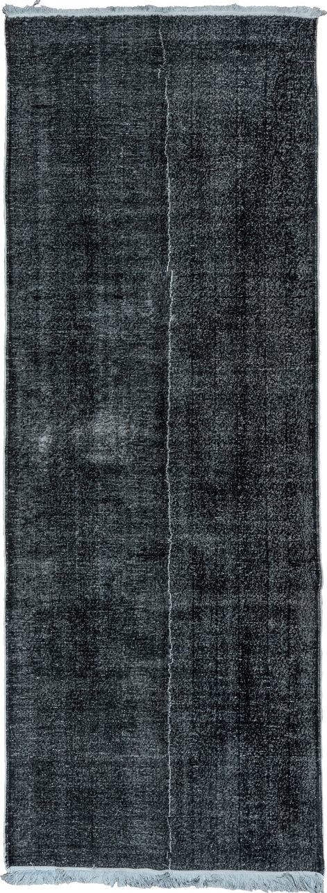 4' x 11' one-of-a-kind handmade vintage Overdyed runner rug. Color palette: black, blue, dark gray, dim gray, gray