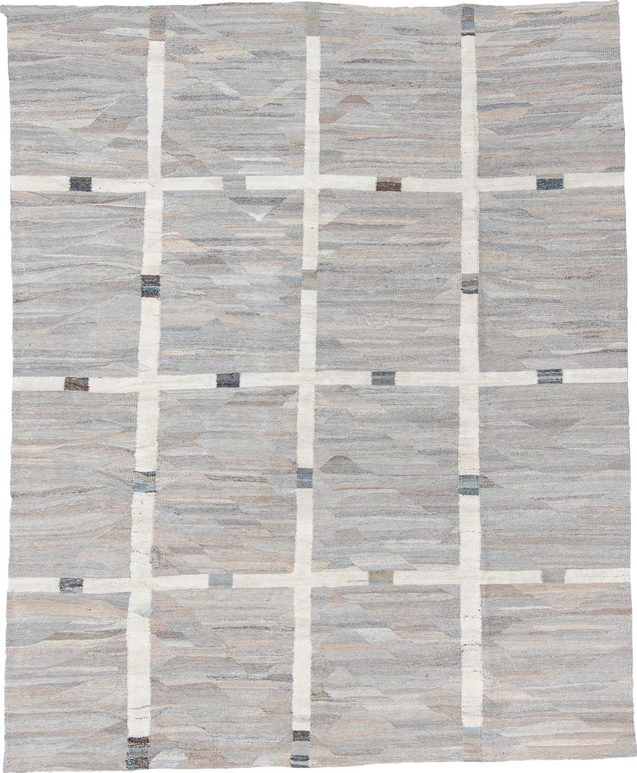 9' x 11' one-of-a-kind handmade vintage Kilim large size rug. Color palette: dark gray, gray, light blue, light gray