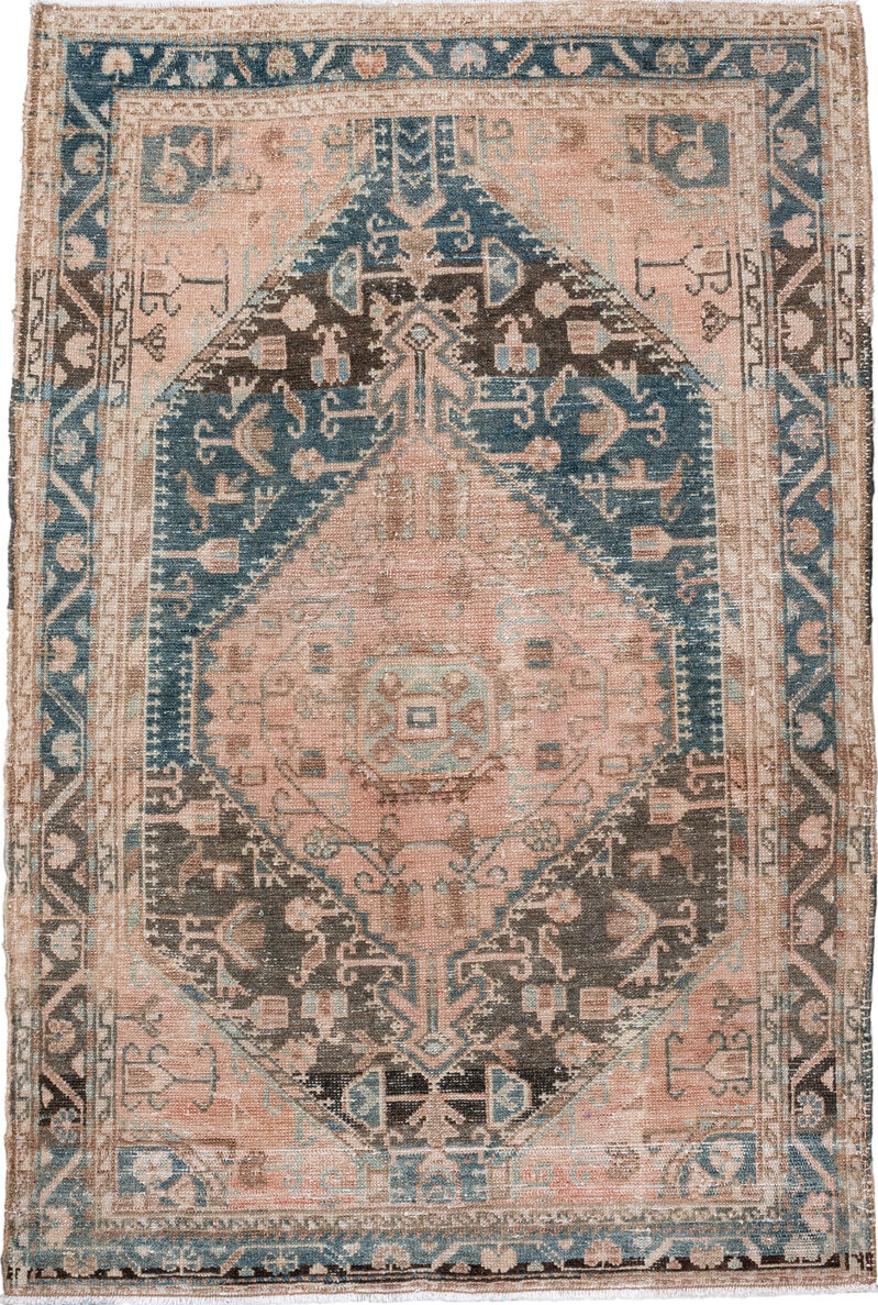 2' x 4' one-of-a-kind handmade vintage Hamadan small size rug. Color palette: blue, brown, dark gray, dim gray, gray
