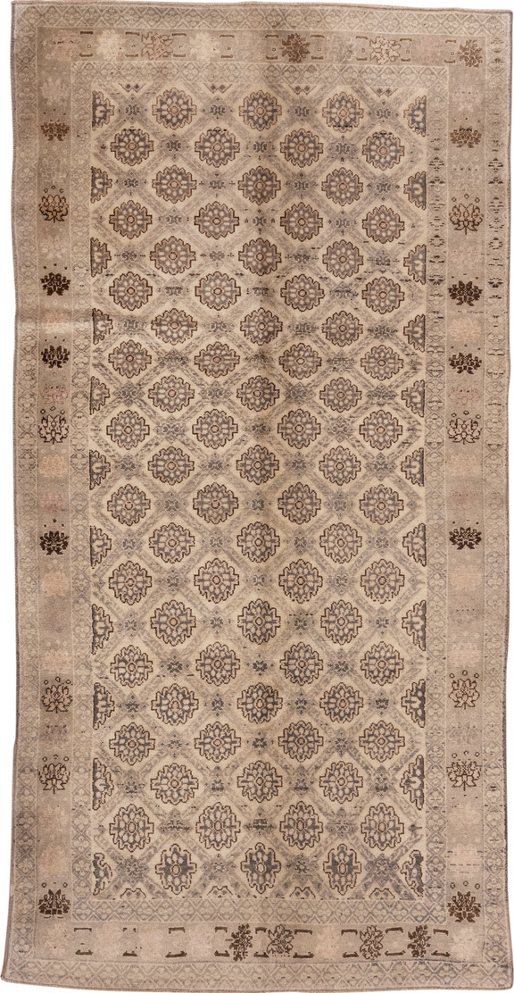 5' x 10' one-of-a-kind handmade vintage Konya medium size rug. Color palette: brown, gray, off-white, orange, pink