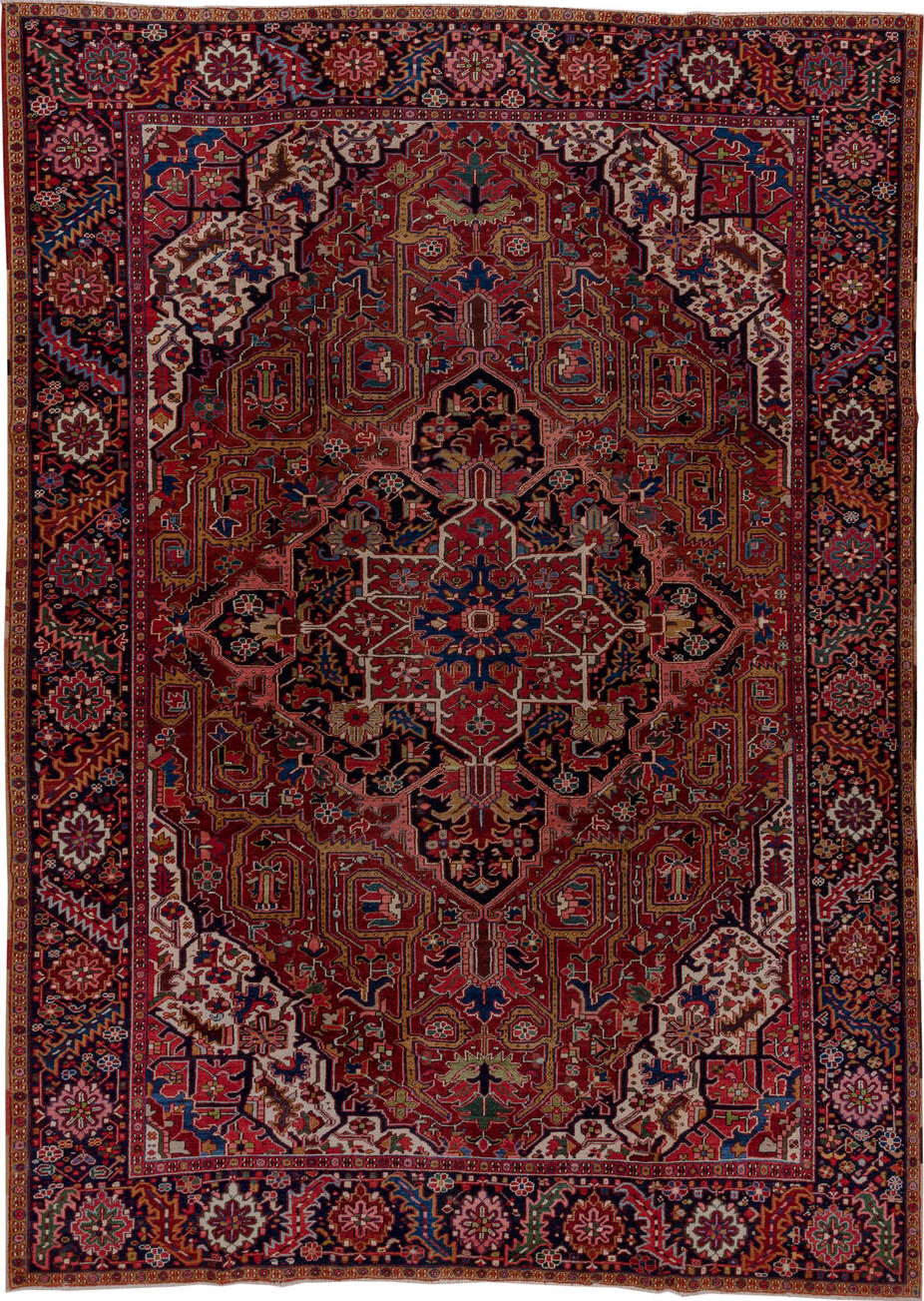 8' x 12' one-of-a-kind handmade vintage Heriz large size rug. Color palette: blue, brown, dim gray, gray, pink, red, redwood