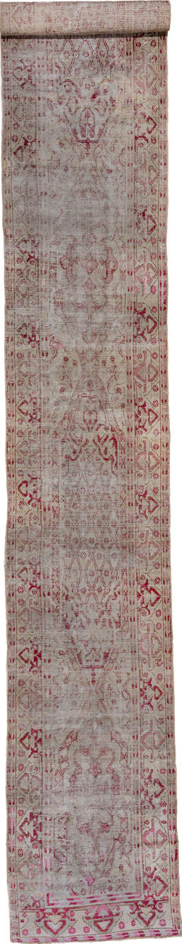 3' x 22' one-of-a-kind handmade vintage Oushak runner rug. Color palette: brown, dark gray, gray, light gray, off-white