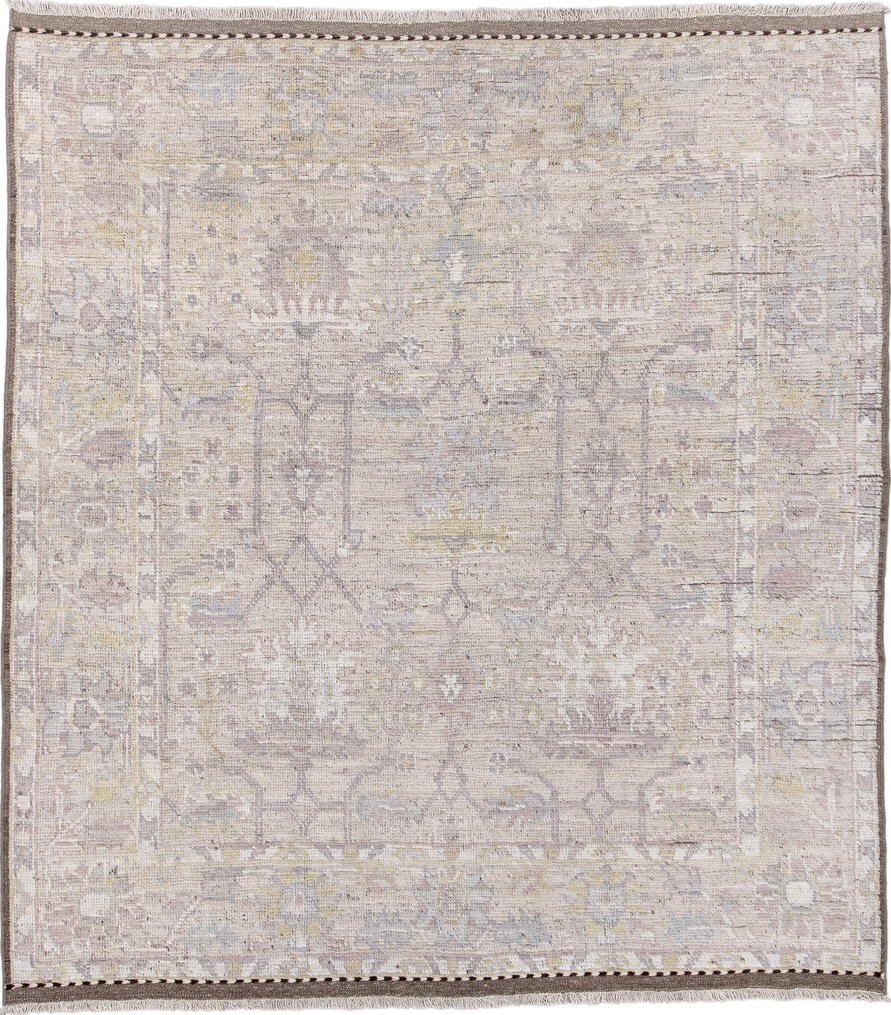 8' x 9' one-of-a-kind handmade vintage Tulu rug. Color palette: brown, dim gray, gainsboro, gray, light gray, off-white