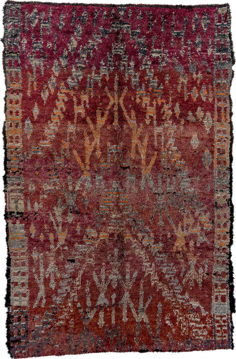 6' x 9' one-of-a-kind handmade vintage Moroccan medium size rug. Color palette: brown, gray, light gray, off-white, pink