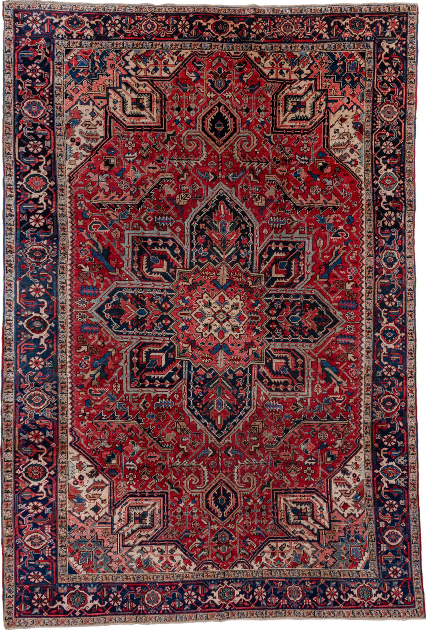 8' x 11' one-of-a-kind handmade vintage Heriz large size rug. Color palette: blue, brown, burgundy, dim gray, fiord, gray