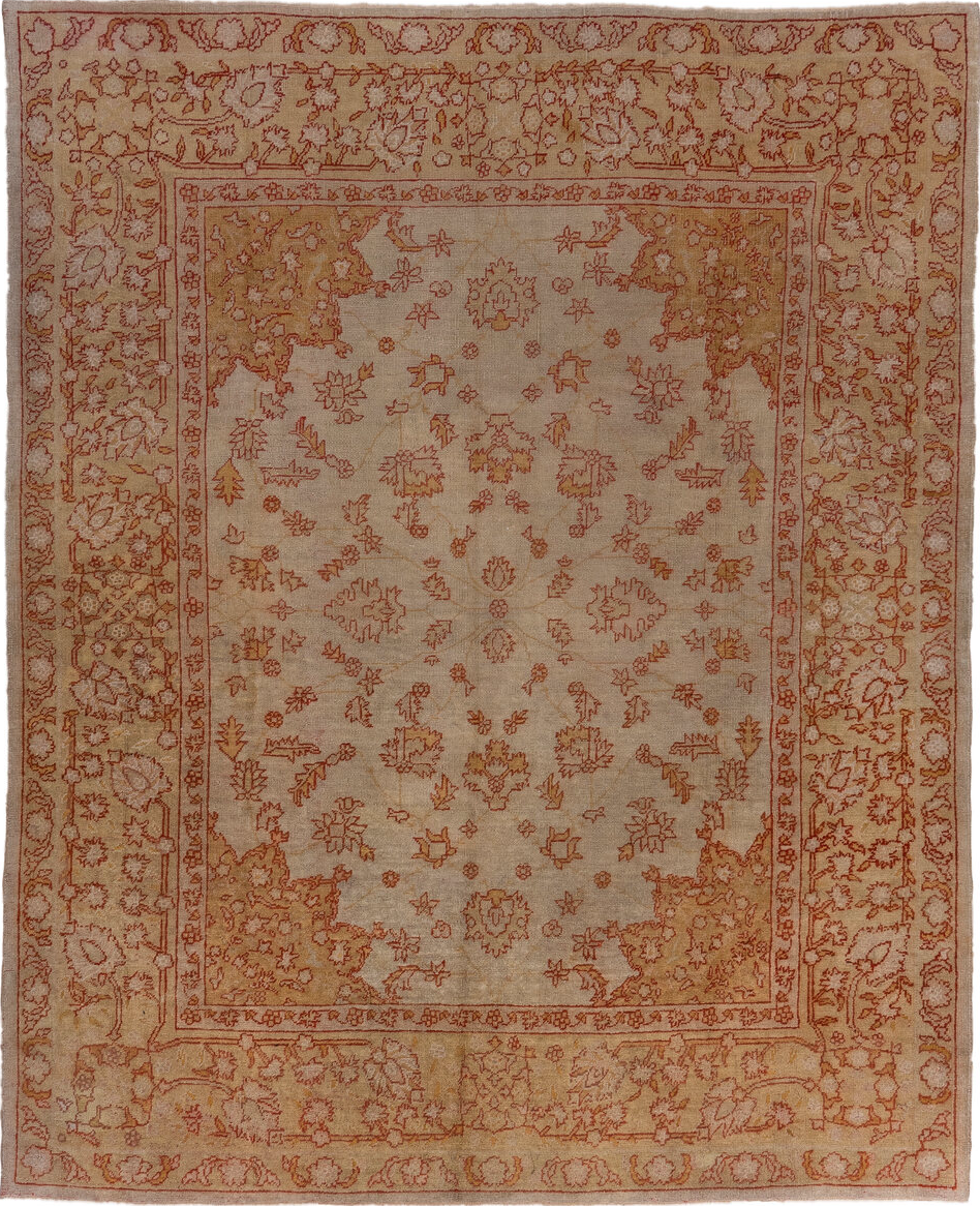 9' x 11' one-of-a-kind handmade vintage Oushak large size rug. Color palette: brown, red