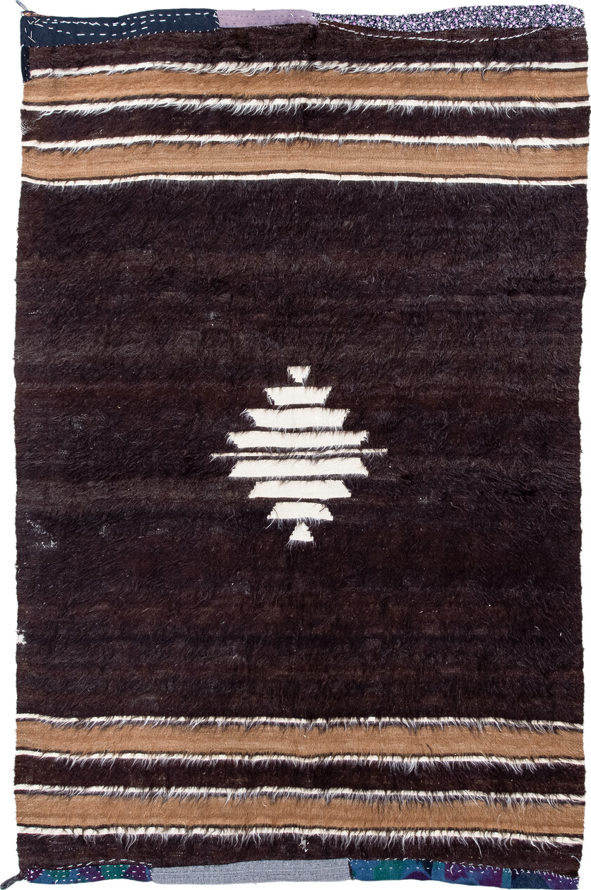 4' x 6' one-of-a-kind handmade vintage Tulu small size rug. Color palette: gray, off-white, brown, black, light gray