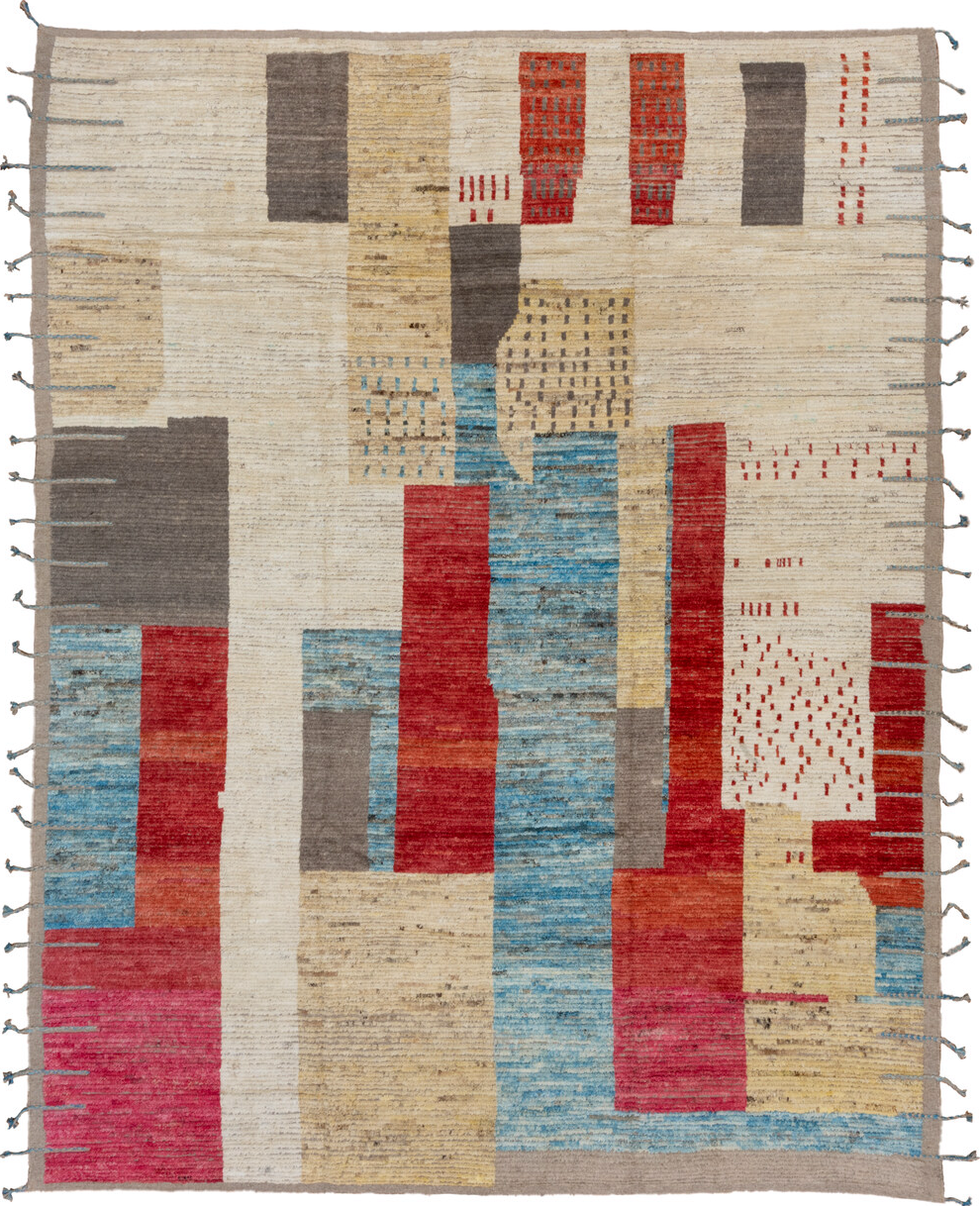 9' x 12' one-of-a-kind handmade vintage Tulu large size rug. Color palette: gray, red, pink, brown, light gray, off-white