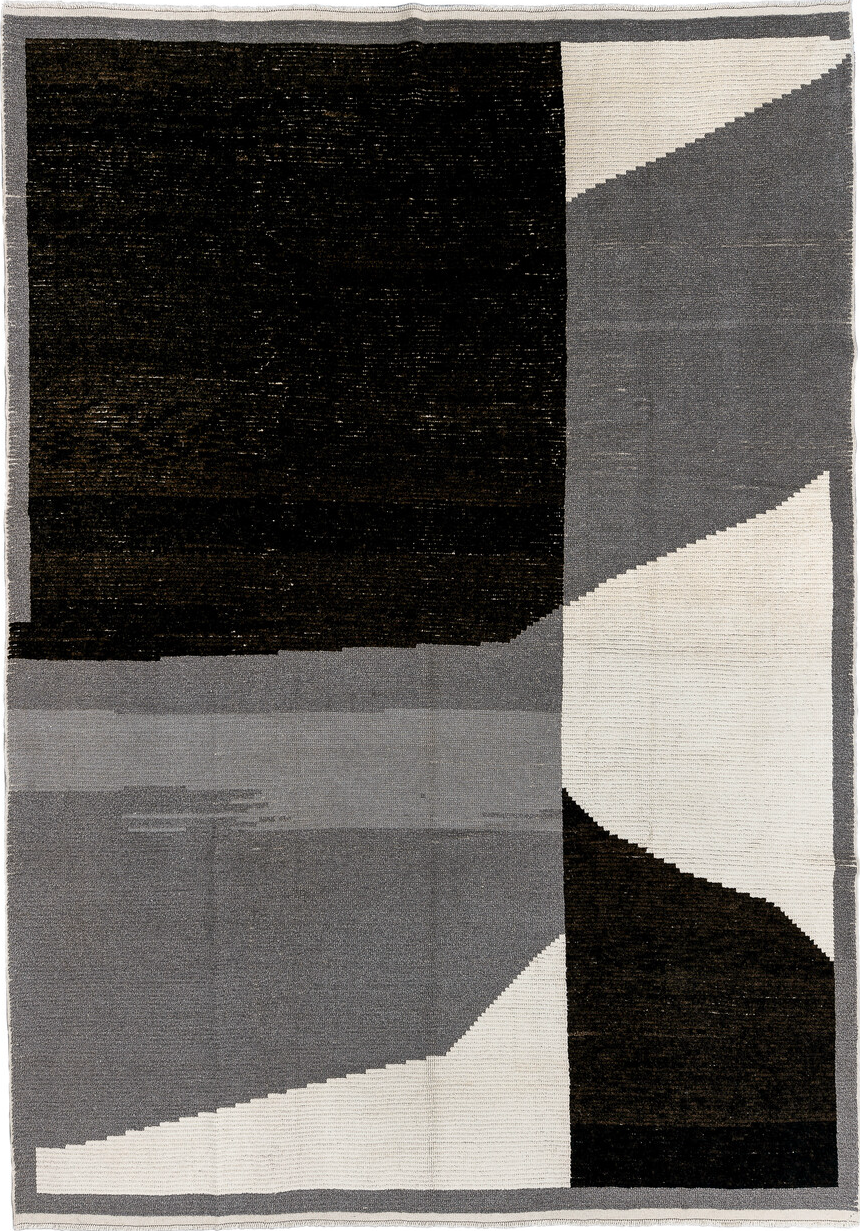 10' x 14' one-of-a-kind handmade vintage Tulu large size rug. Color palette: black, charcoal, dark gray, dim gray, gray