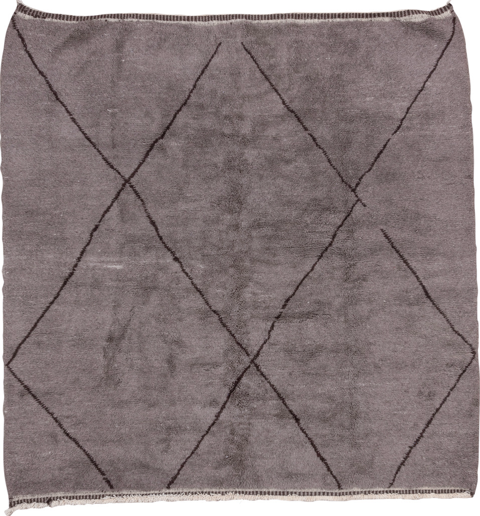 9' x 9' one-of-a-kind handmade vintage Moroccan rug. Color palette: gray, light gray, off-white, pink